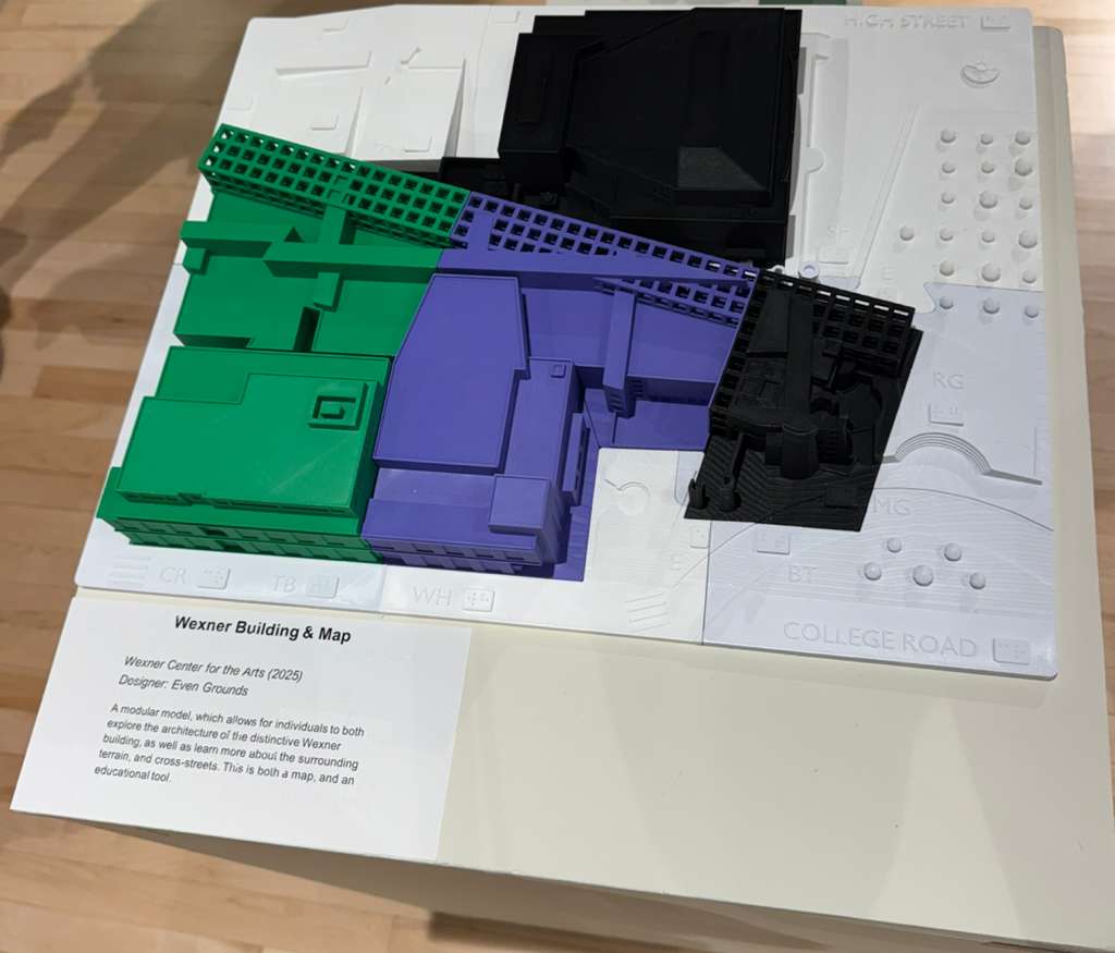Tactile map of the Columbus Wexner Center for the Arts, including building replicas