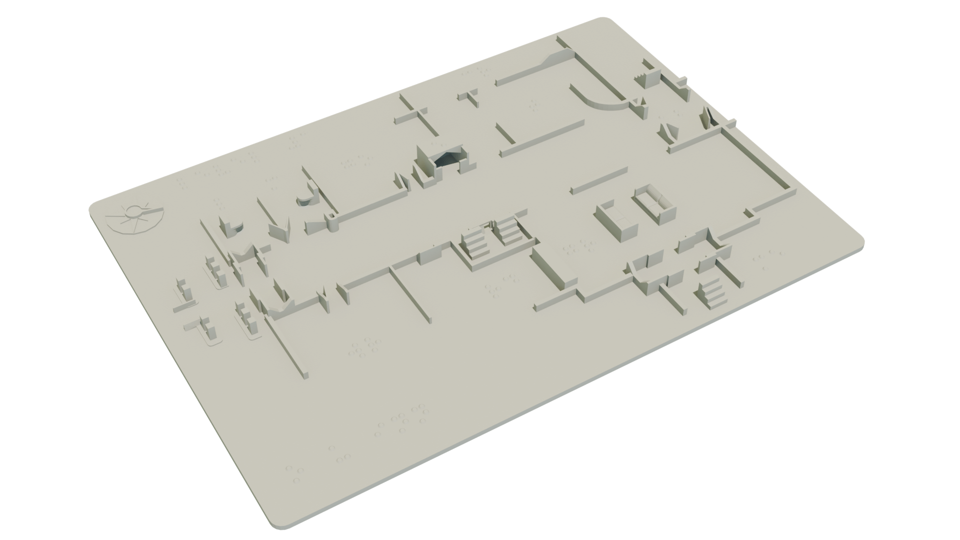 3D render of a tactile floor plan with raised walls, stairs, and braille labels.
