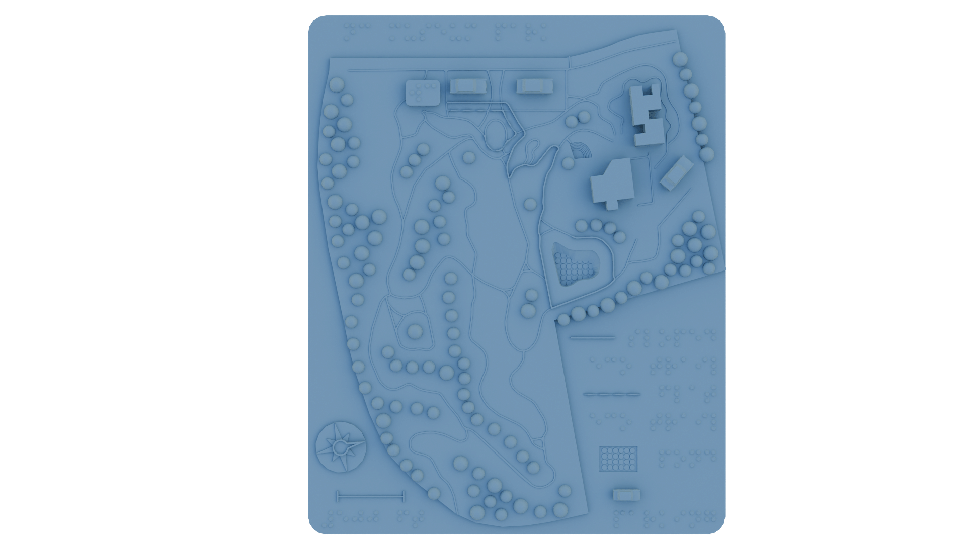 3D render of a tactile park map with raised trees, paths, buildings, and a braille legend.